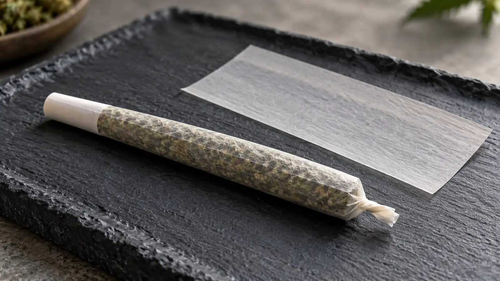 An unlit joint with a paper filter rests on a slate tray beside a loose rolling paper.