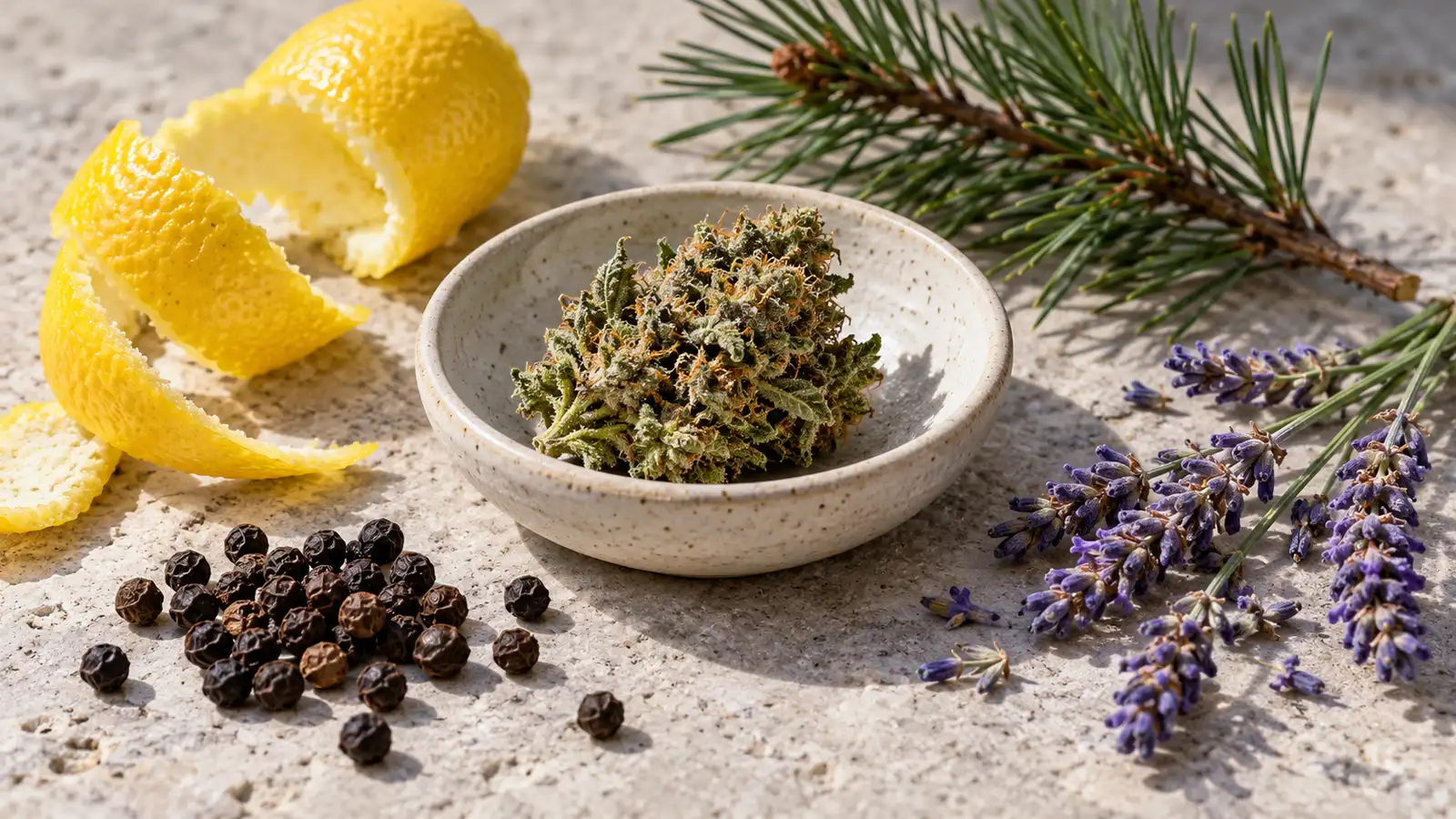 Cannabis flower lies beside lemon peel, pine, lavender and peppercorns on a pale stone surface.