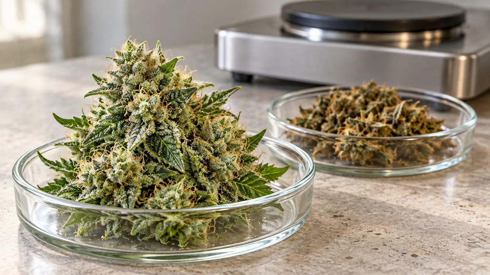 Un fiore di cannabis fresco e un fiore essiccato in piatti di vetro accanto a una piastra riscaldante da laboratorio.