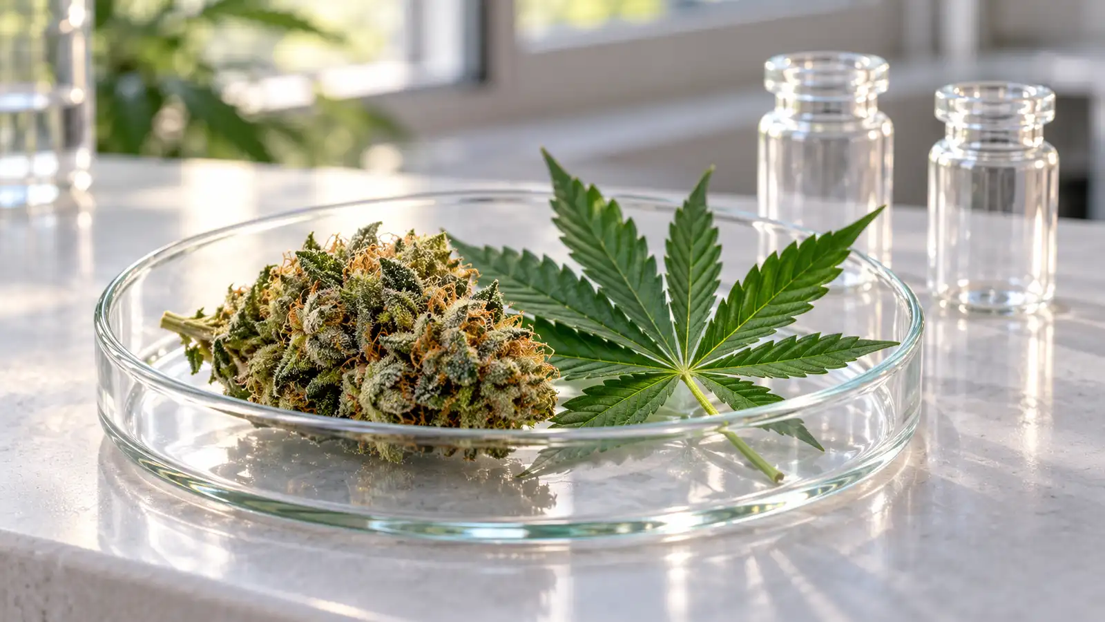 A cannabis flower and fan leaf sit in a glass dish beside two unmarked laboratory vials.