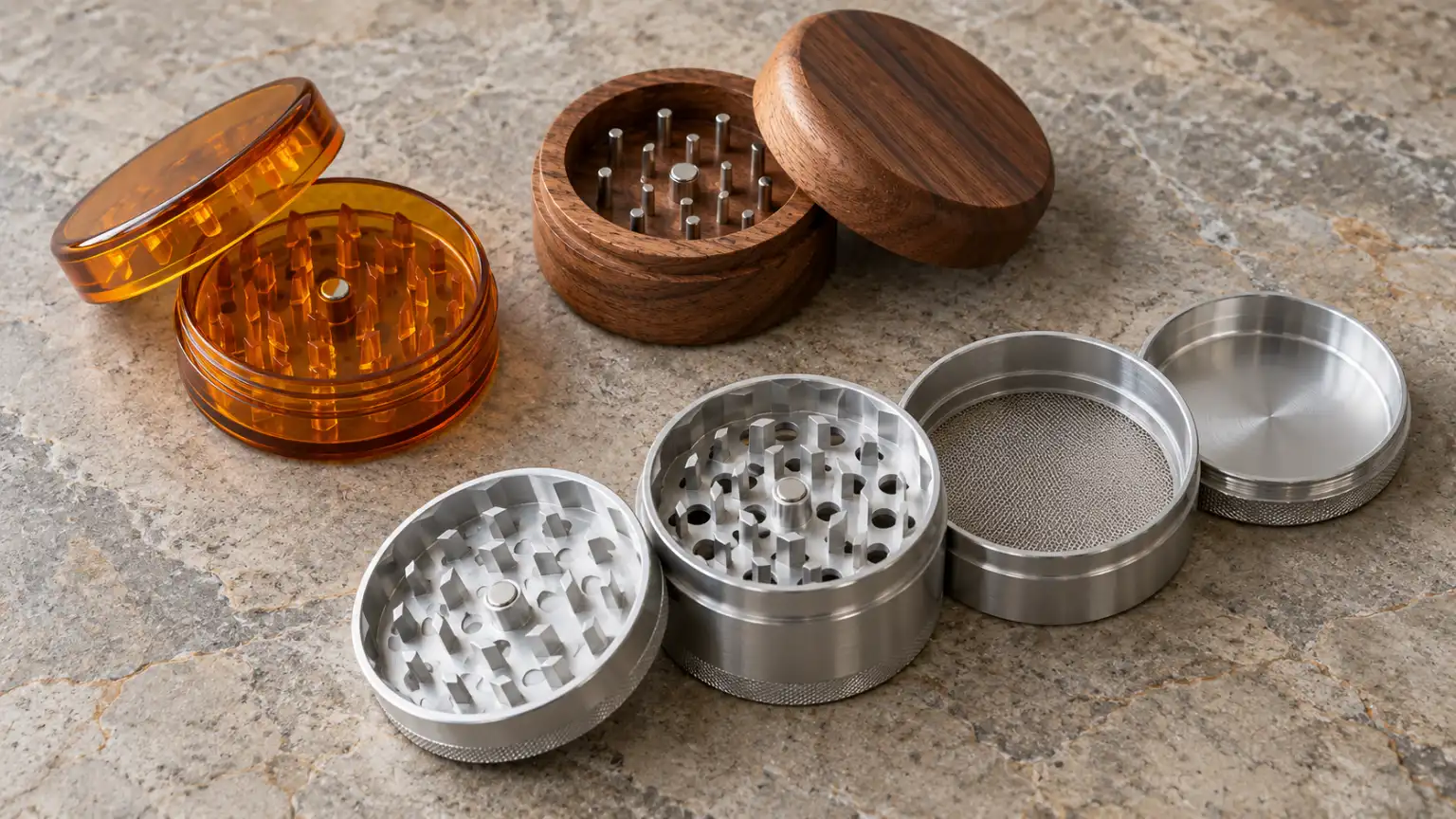 Open acrylic, wooden, and metal herb grinders reveal their teeth and compartments.