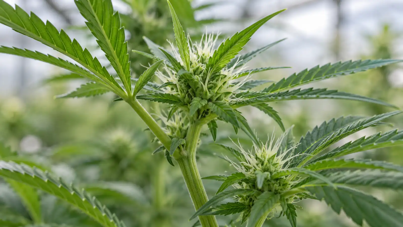 White pistils emerge from a small cannabis flower cluster during early flowering.
