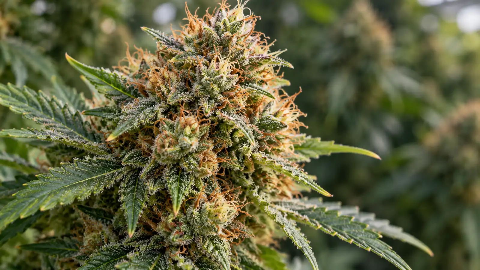 A mature cannabis flower shows orange-brown pistils and a coating of frosty trichomes.