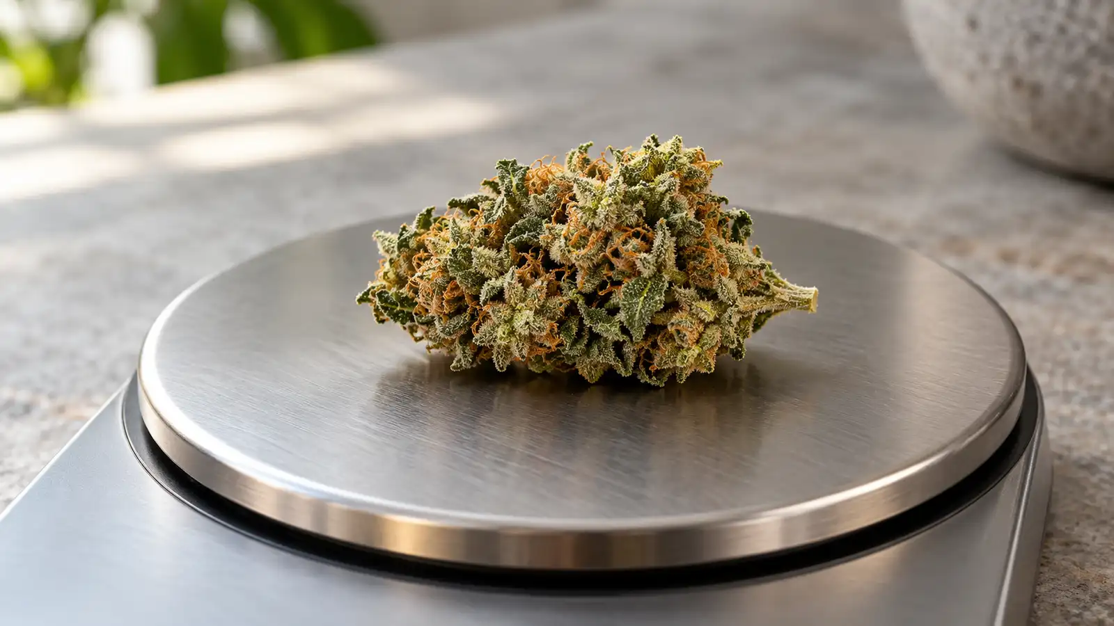 A small dried cannabis bud rests on a stainless-steel weighing platform.