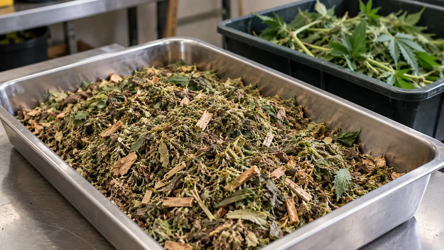 Shredded cannabis stems and wood chips in a stainless steel tray, ready to go on a compost heap.