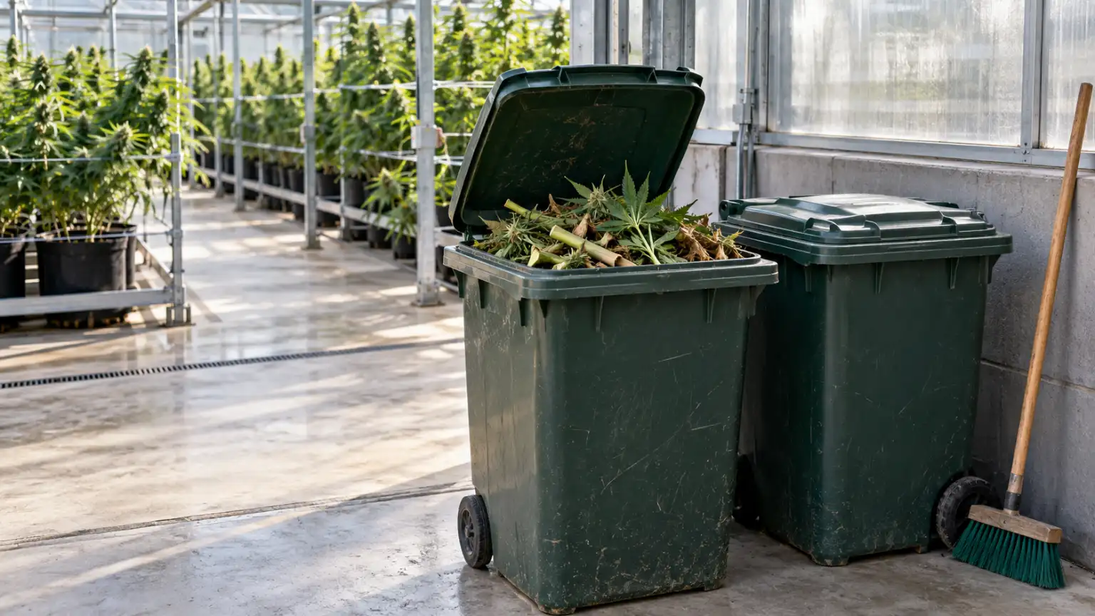Wheeled bins holding cannabis stalks and leaf trimmings in a greenhouse service area.