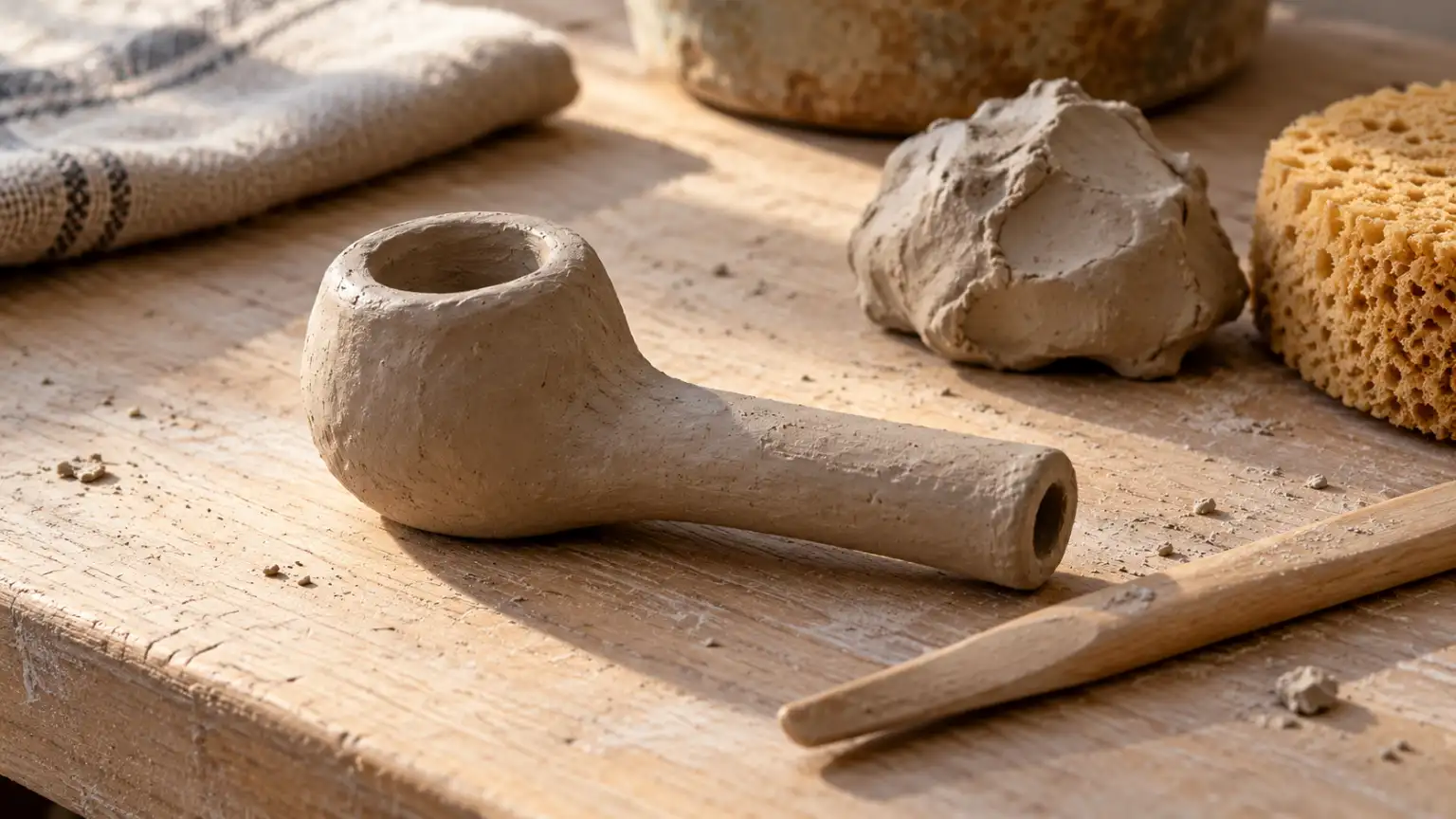 A handmade ceramic pipe rests beside clay and simple pottery tools on a wooden bench.