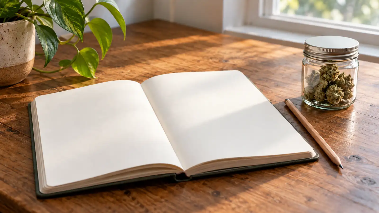A blank notebook and pencil lie on a desk beside a closed jar of cannabis flowers.