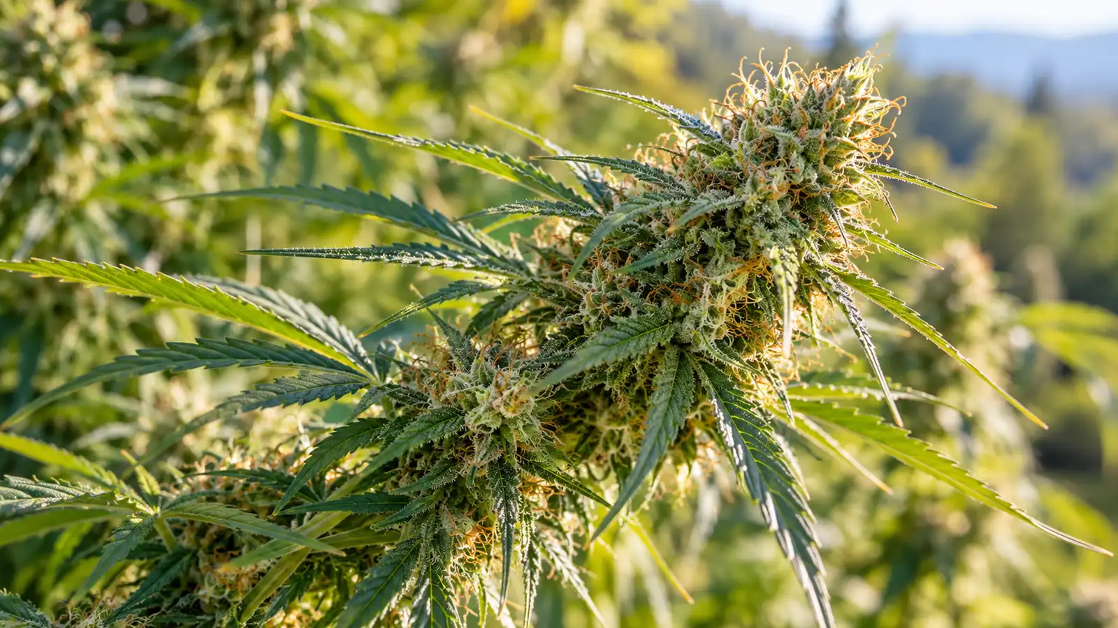 A narrow-leaf cannabis branch bears elongated flowers with copper pistils and fine trichomes.