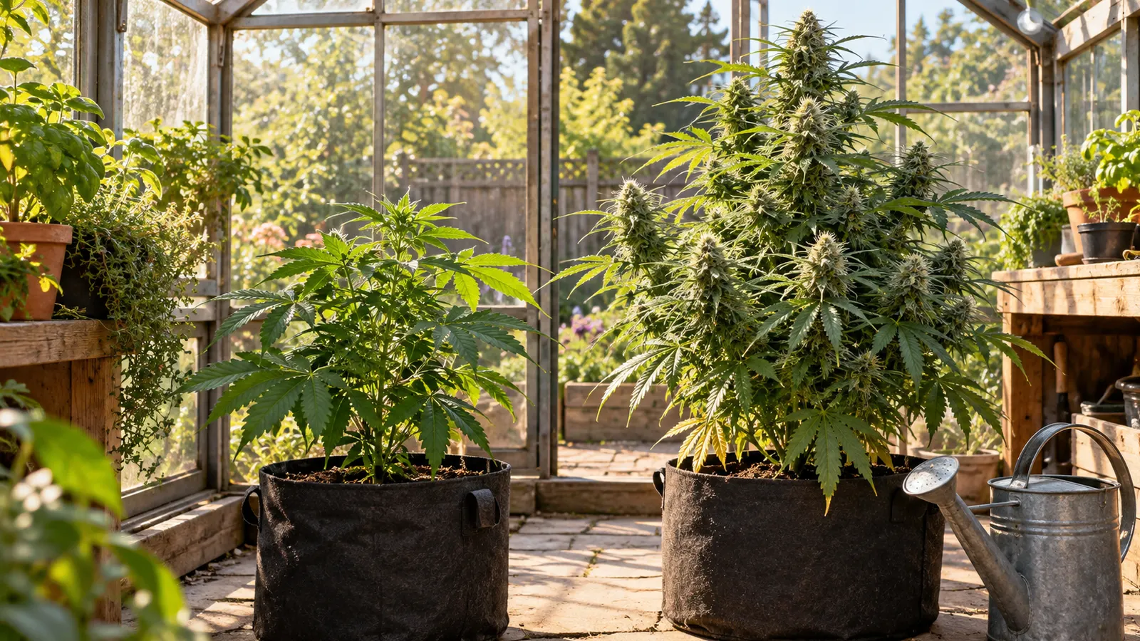 Due piante di cannabis in vasi di tessuto crescono all'interno di una piccola serra soleggiata.