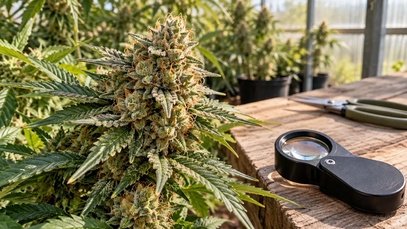 Un fiore di cannabis maturo accanto a una lente d'ingrandimento e forbici da potatura chiuse.