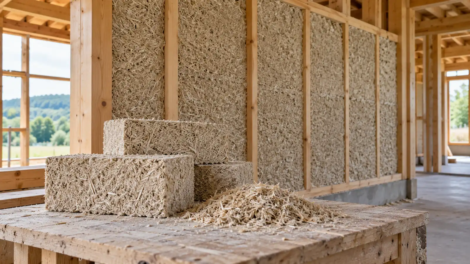 Hempcrete blocks and loose hemp shiv sit beside a timber-framed hempcrete wall.