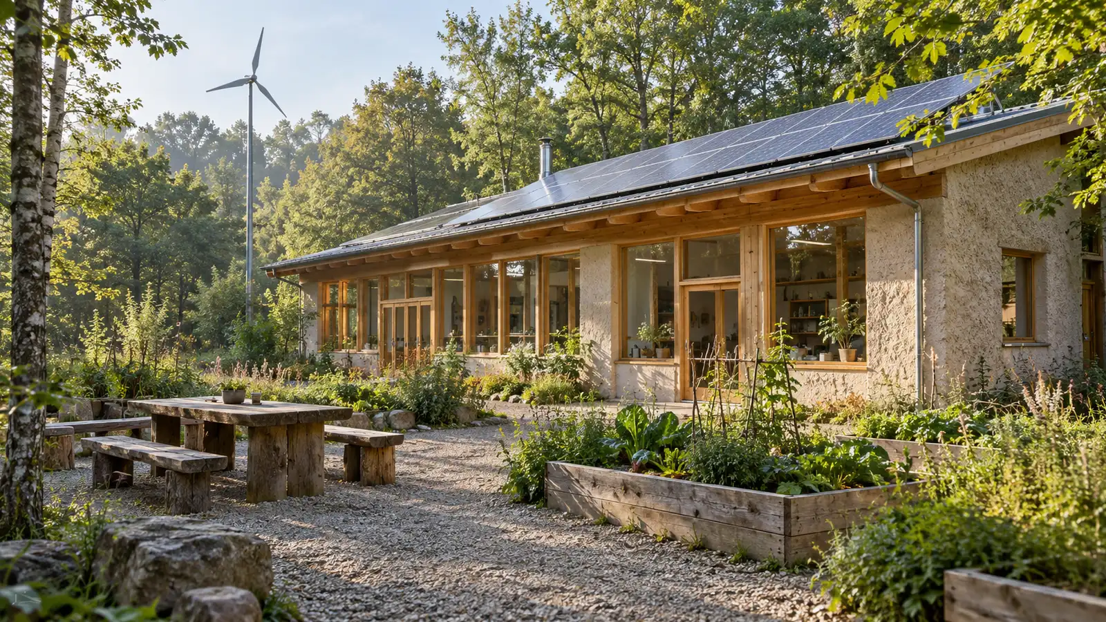 A timber and hempcrete eco-school with solar panels stands in a leafy forest.
