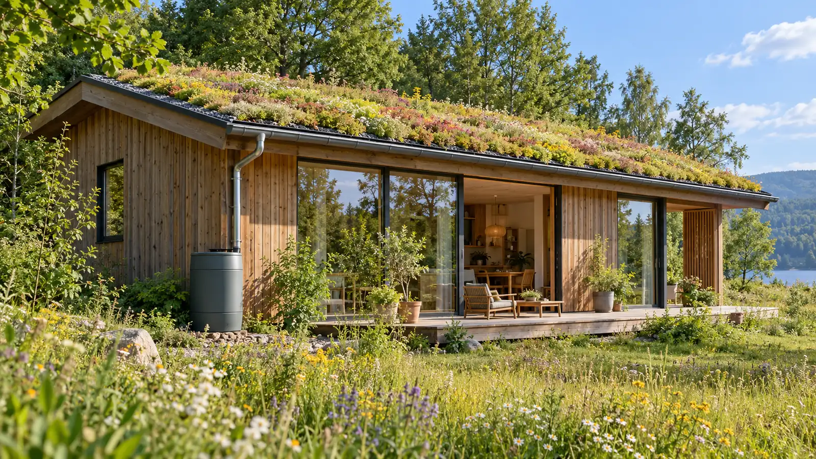 A timber eco-home has a sedum-covered roof beside a meadow and broadleaf forest.