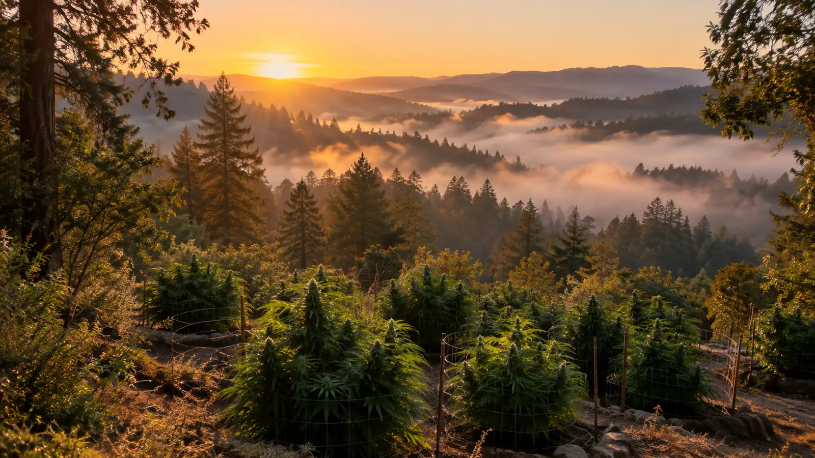 Misty forested hills in Northern California's Emerald Triangle with a small outdoor cannabis garden