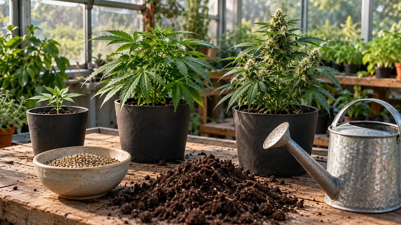 Cannabis plants at three growth stages sit beside soil, fertilizer granules and a watering can.