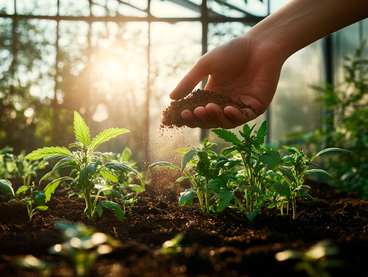 Growing Cannabis Organically: Complete Guide Close-up of lush cannabis foliage thriving in rich, dark compost, demonstrating growing cannabis organically for healthier plants.