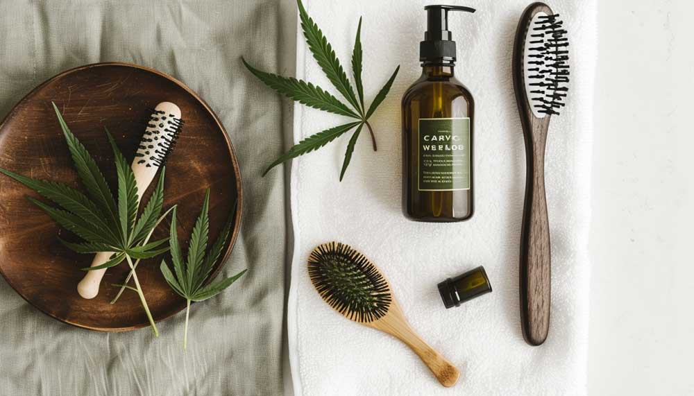 Does Smoking Weed Make You Lose Hair? The Surprising Connection Flat lay of cannabis, shampoo, vitamins, and a hairbrush – hair care meets cannabis