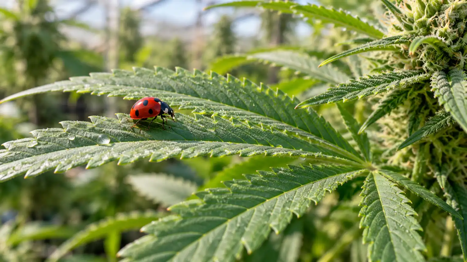 A red ladybug walks along the veined surface of a green cannabis leaf.