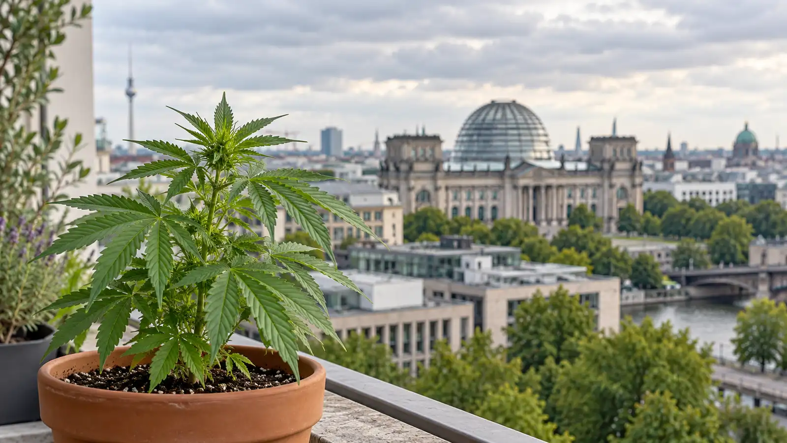 A potted cannabis plant stands on a Berlin balcony with the Reichstag dome in the distance.