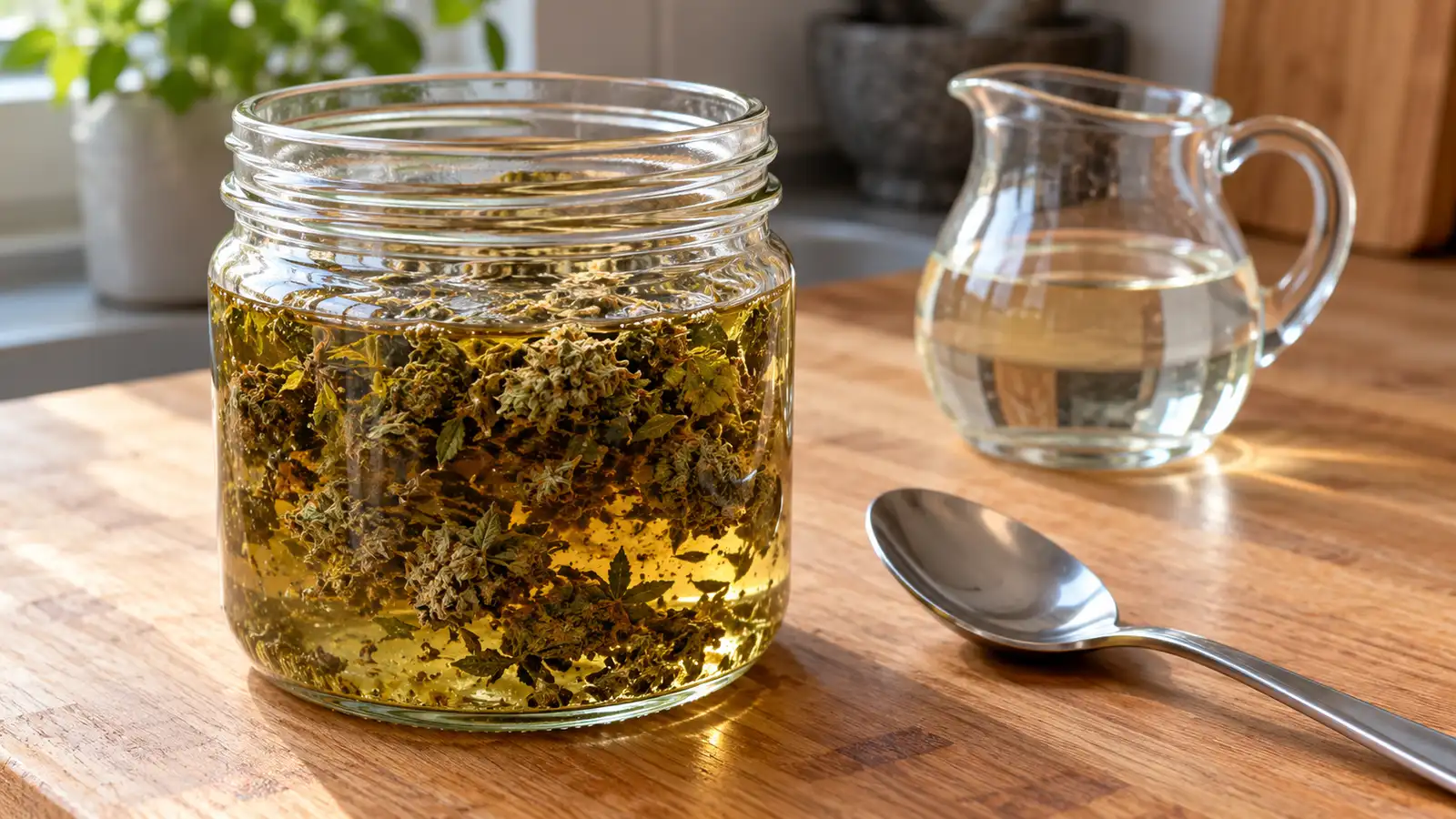 Dried cannabis fragments sit in a glass jar of golden glycerin beside a spoon and small glass jug.