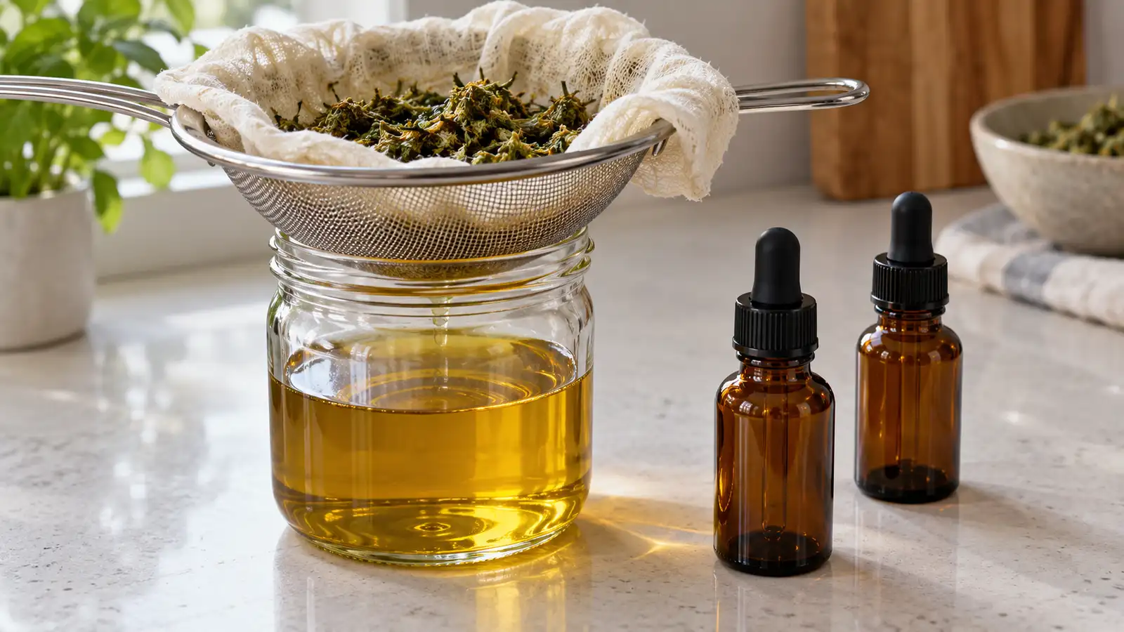 A cloth-lined strainer rests over a jar of golden extract beside two amber dropper bottles.