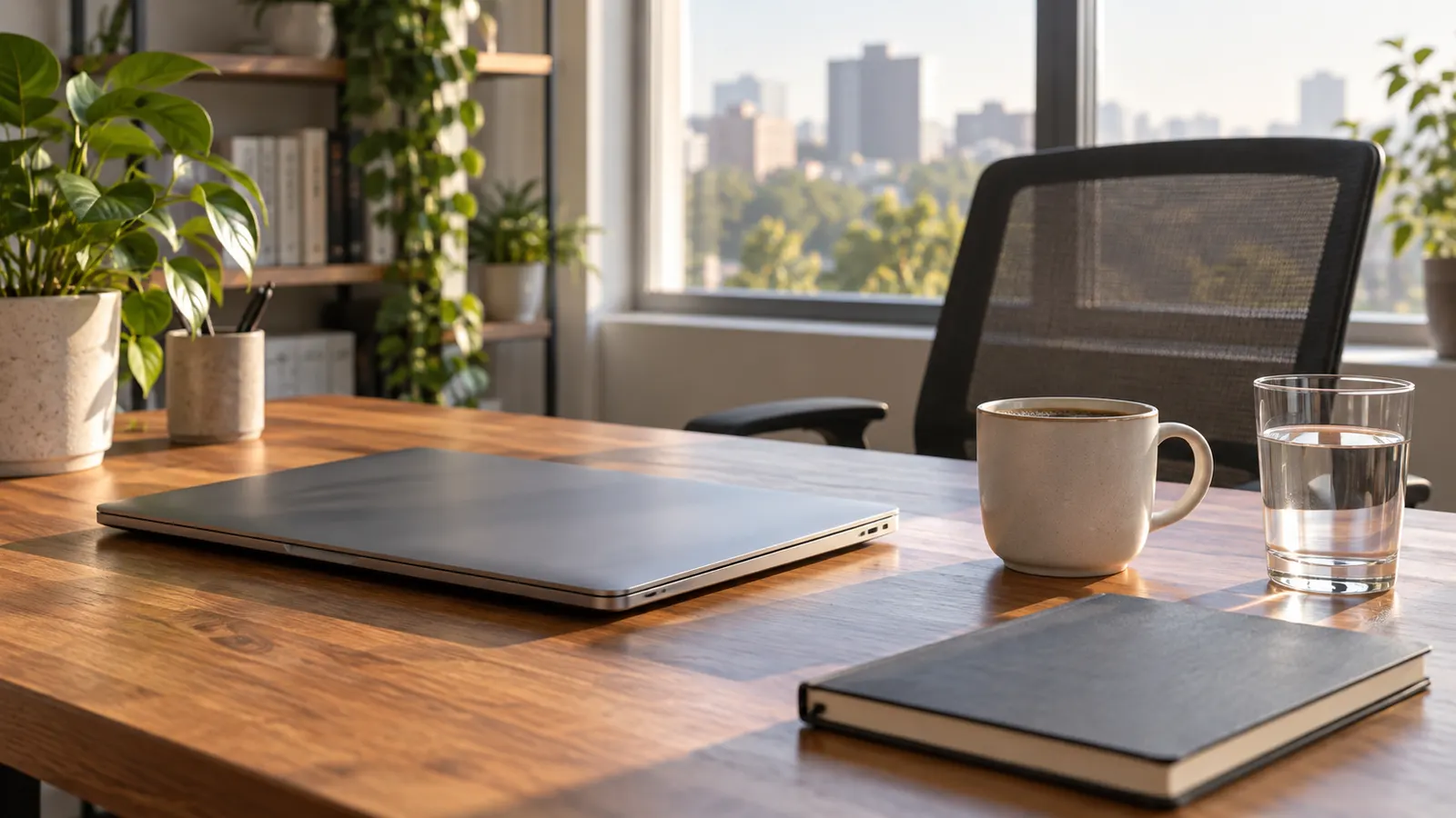 A tidy office desk holds a closed laptop, a coffee cup, water and a notebook.