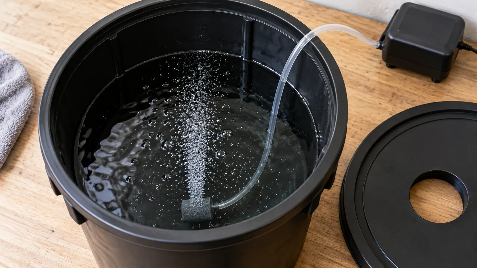 Vzduchovací kámen bublá v otevřené hydroponické nádrži připojené k externímu vzduchovacímu čerpadlu.