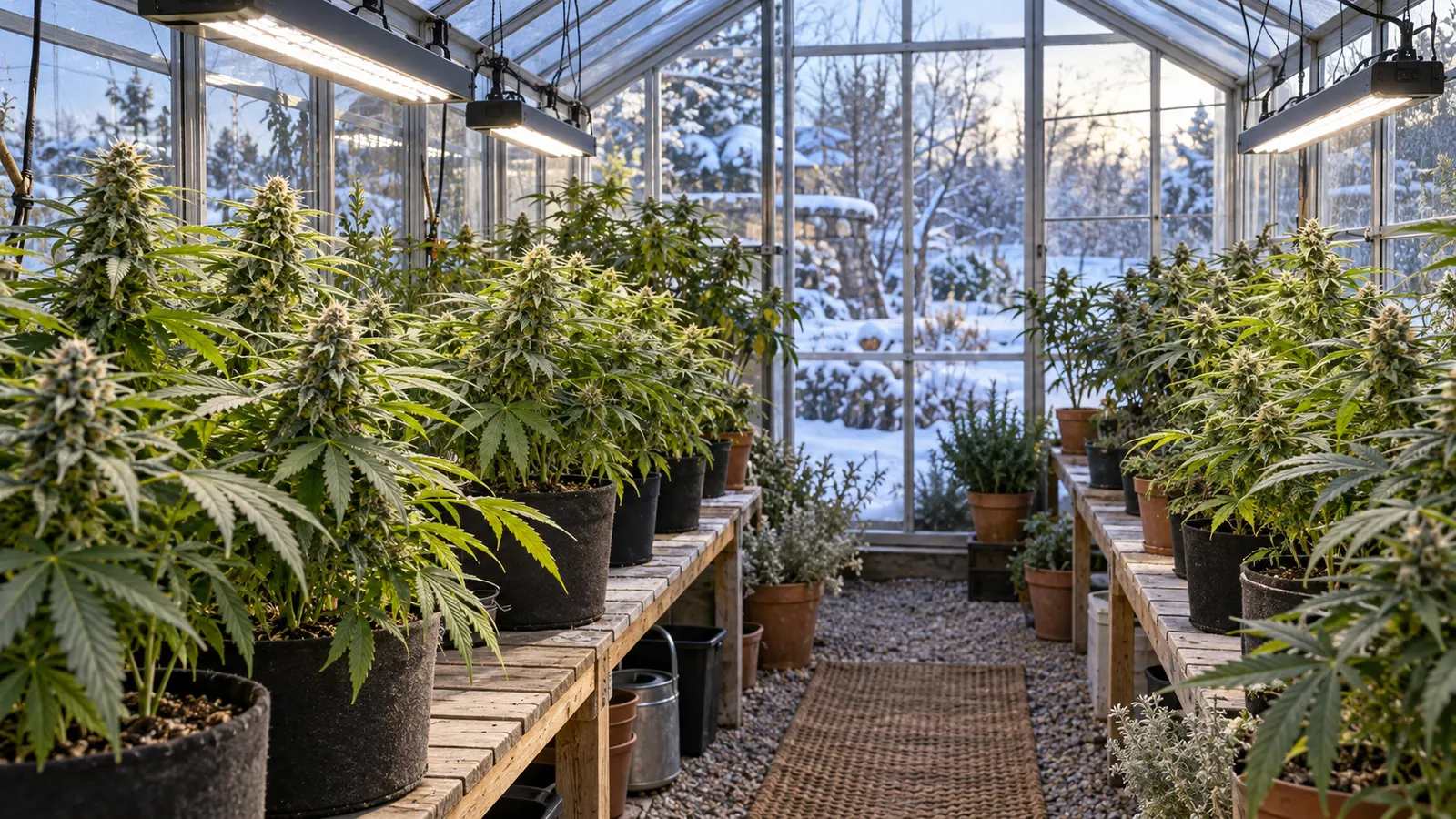 Cannabisplanter i potter vokser under supplerende lys i et drivhus med sne synlig udenfor.
