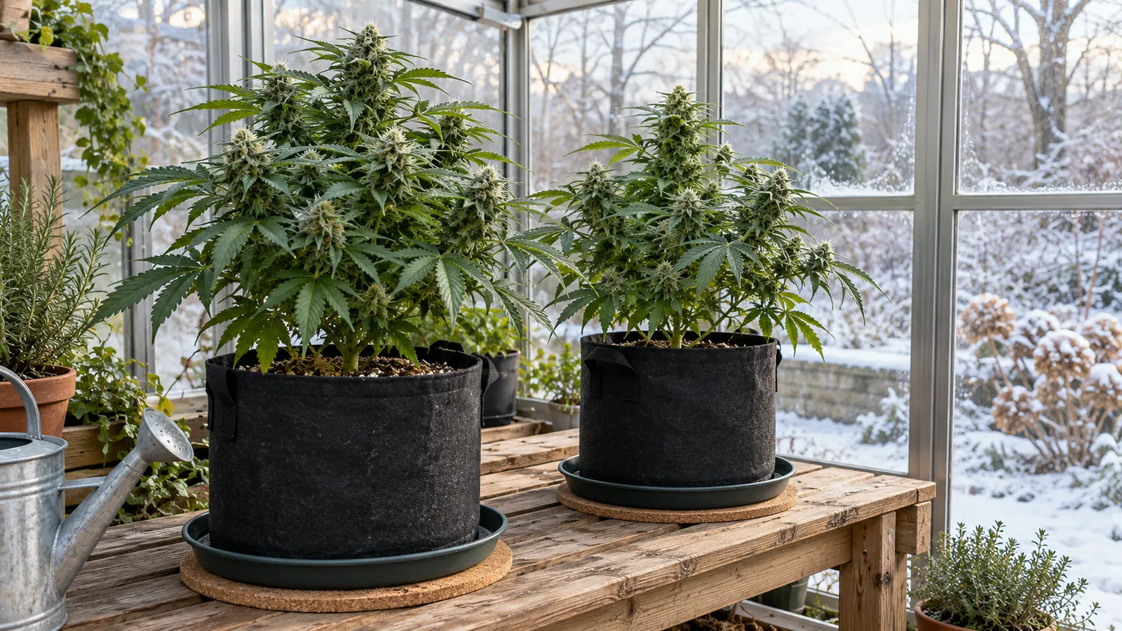 Cannabisplanter i stofpotter står på isolerende måtter på en hævet drivhusbænk.