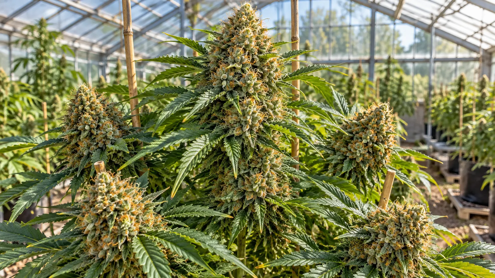 En moden cannabisplante med tykke blomsterklaser og grønne blade i et soloplyst drivhus.