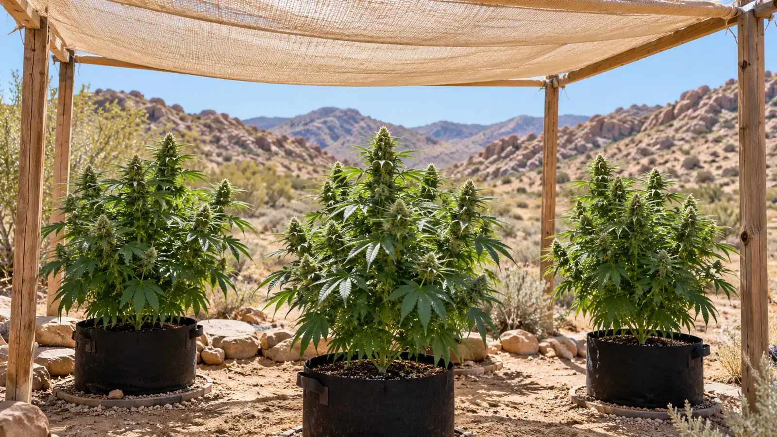 Potted cannabis plants shelter beneath shade cloth in a sunny, dry garden.