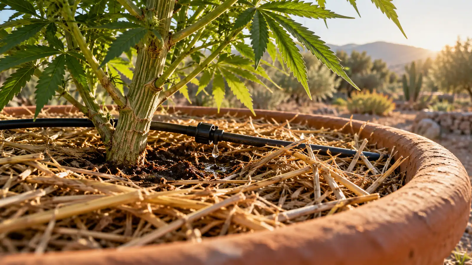 Straw mulch and a drip irrigation tube surround a cannabis plant in a terracotta pot.