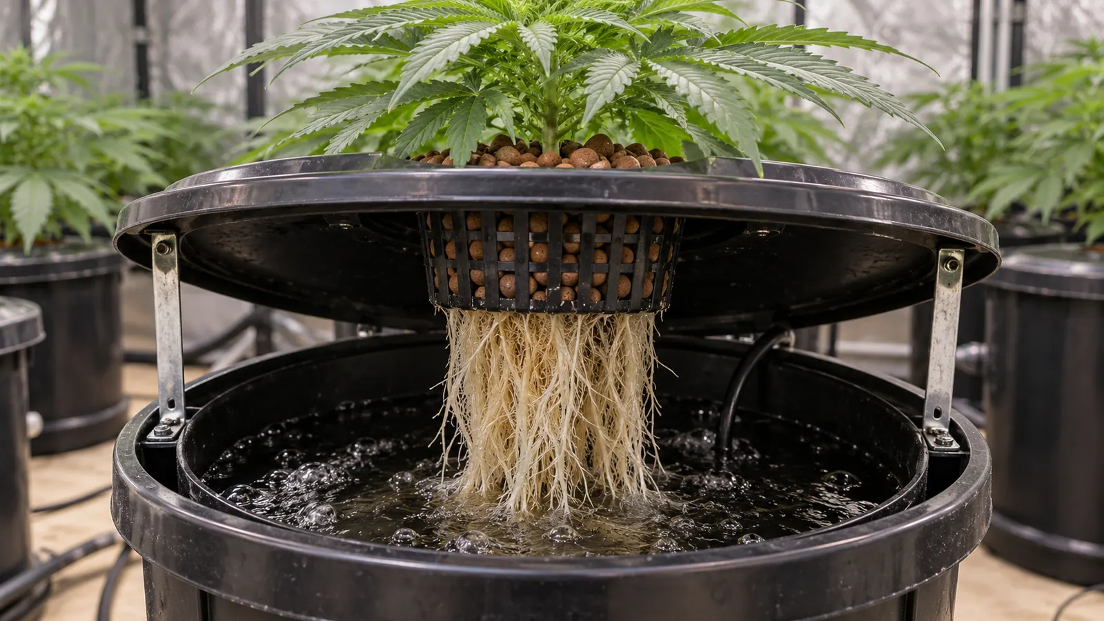 Raíces de cannabis pálidas cuelgan de una maceta de red llena de arcilla hacia un depósito hidropónico aireado.