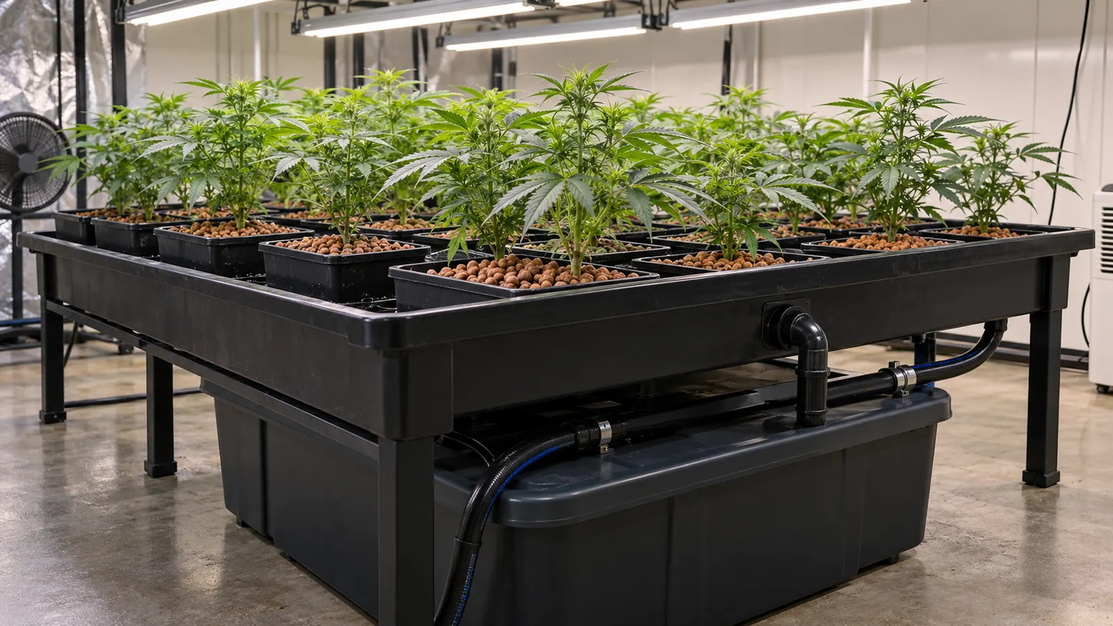 Plantas de cannabis jóvenes en una bandeja de flujo y reflujo conectada por mangueras a un depósito inferior.