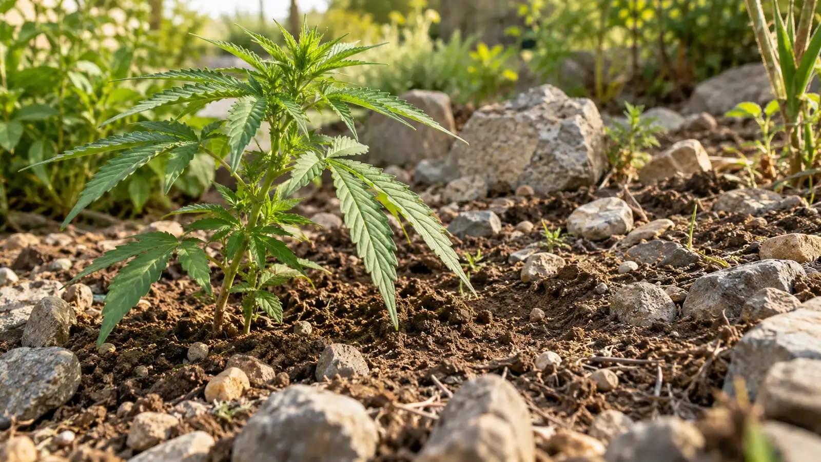 A young cannabis plant grows in brown soil scattered with gray and tan stones.