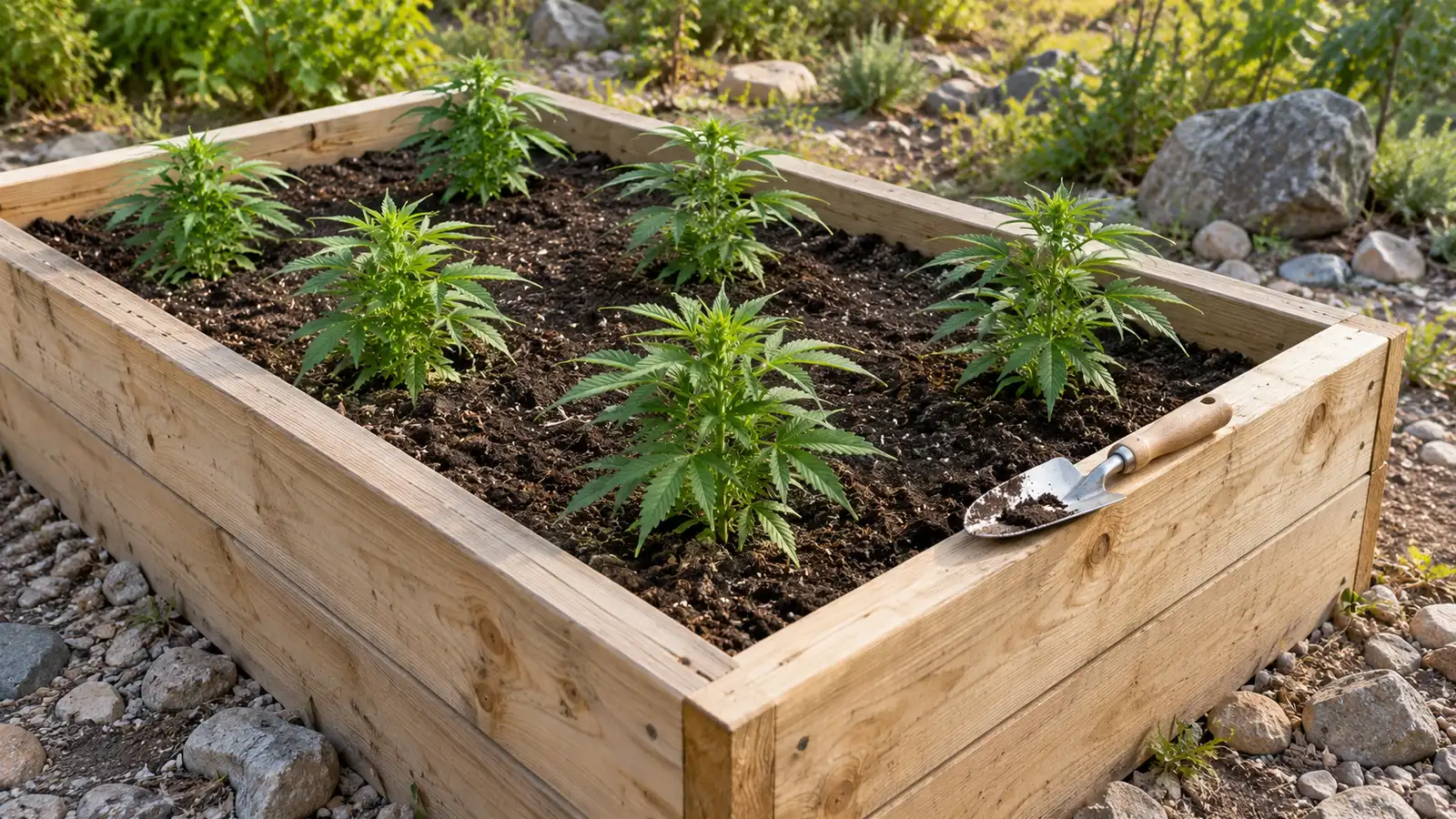 A timber raised bed filled with dark soil and cannabis plants stands above rocky ground.