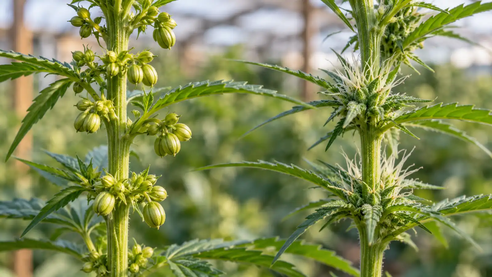 Male cannabis pollen sacs and female white pistils appear on two stems.