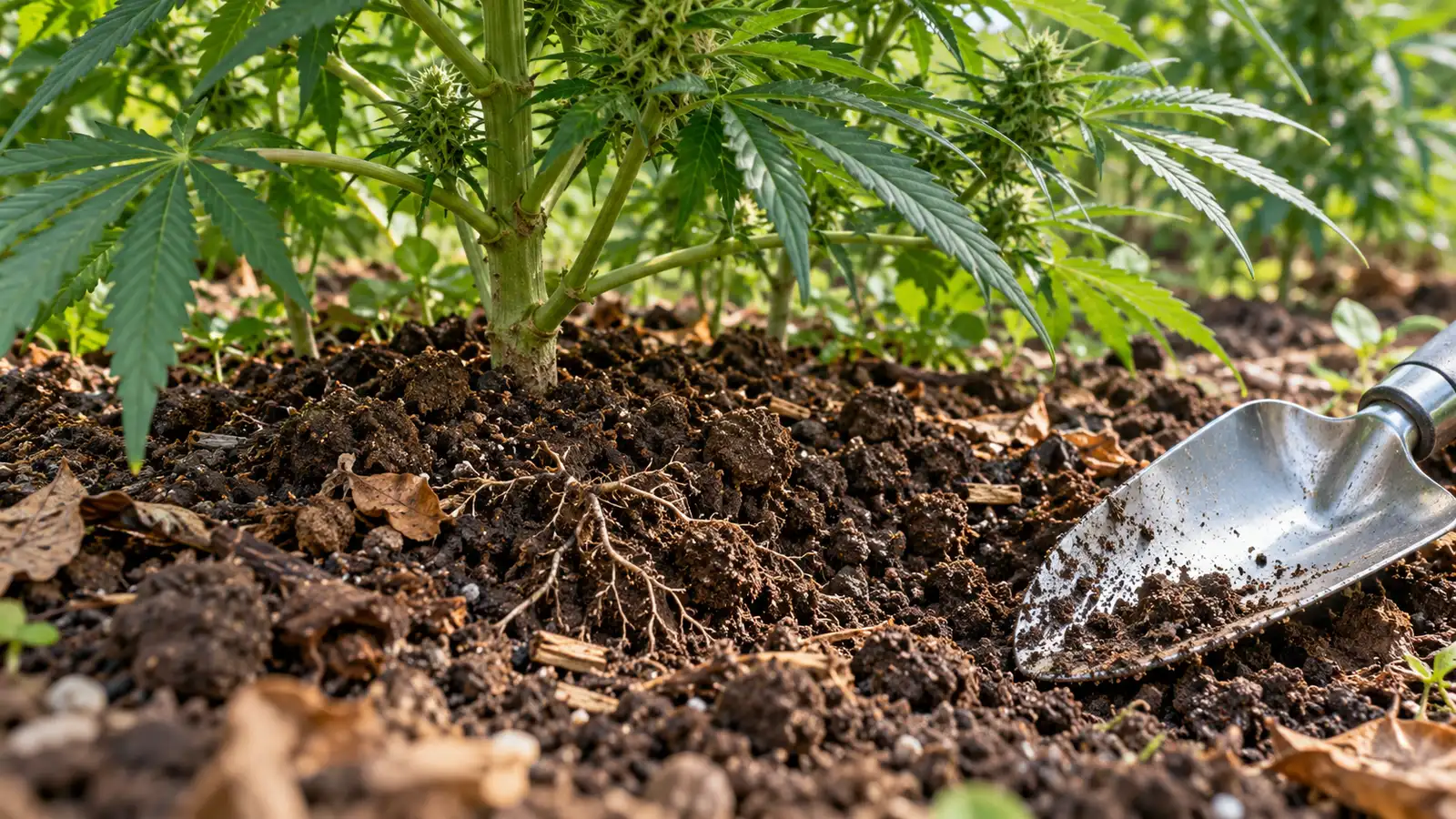 Crumbly soil and leaf compost surround an outdoor cannabis plant beside a hand trowel.