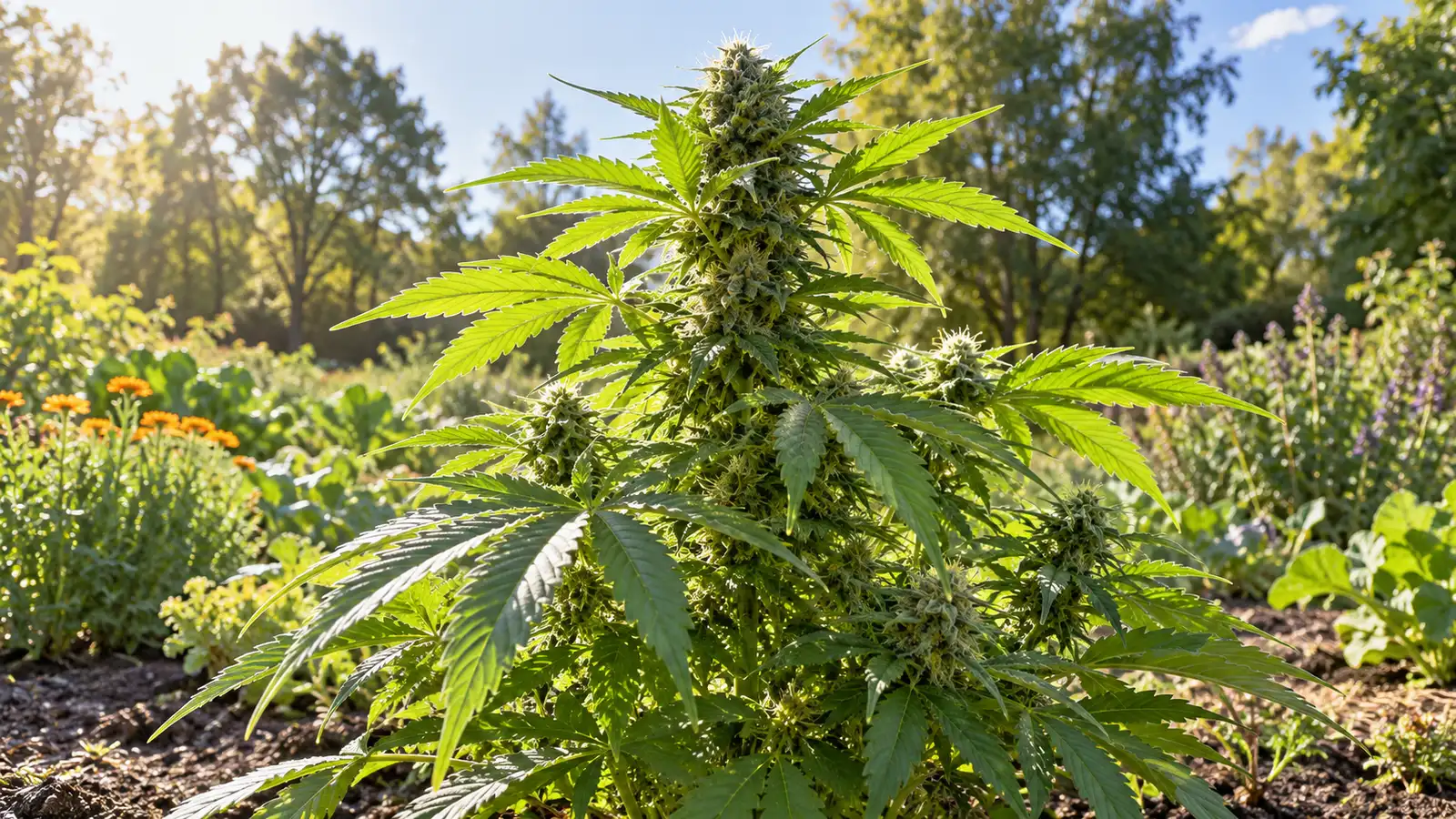 Sunlight illuminates the serrated leaves of a cannabis plant in an outdoor garden.