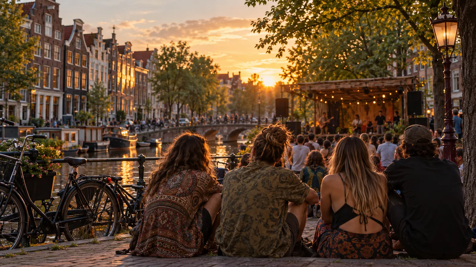 Partecipanti adulti riuniti accanto a un canale di Amsterdam vicino a un palco per musica all'aperto.