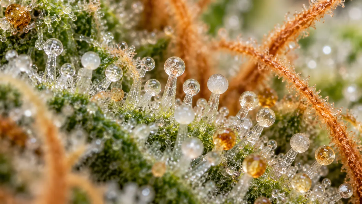 Kannabis çiçeğinin yüzeyinde şeffaf, sütlü ve kehribar renkli trikrom başları.