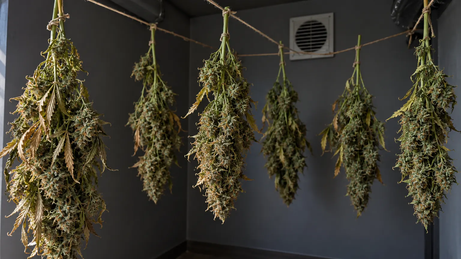 Kannabis dalları loş bir kurutma odasında iplerden ayrı ayrı sarkıtılmış.