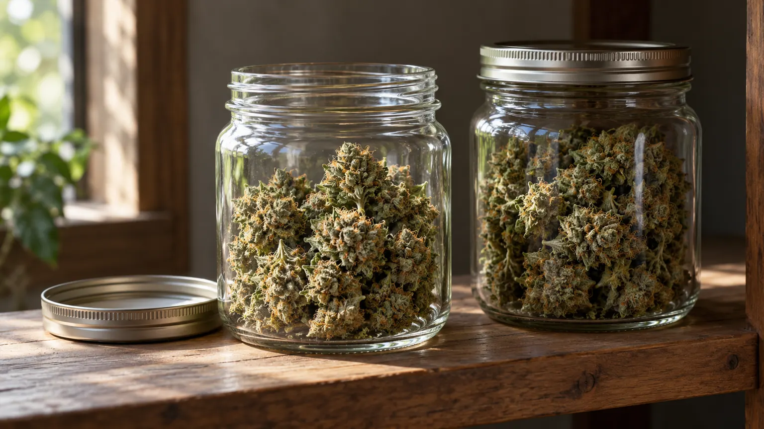 Kurutulmuş kannabis çiçekleri gölgeli ahşap bir rafta iki şeffaf cam kavanozda duruyor.