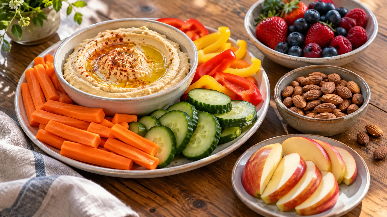 Hummus, nakrájená zelenina, mandle, plátky jablek a bobulovité ovoce tvoří čerstvé občerstvení.