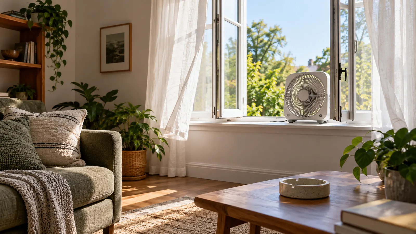 Otevřené okno a ventilátor směřující ven větrají prázdný obývací pokoj.