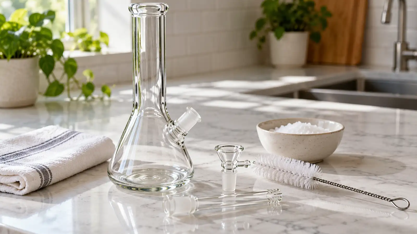A glass bong, detached glass parts, a bottle brush, coarse salt and a towel sit on a counter.