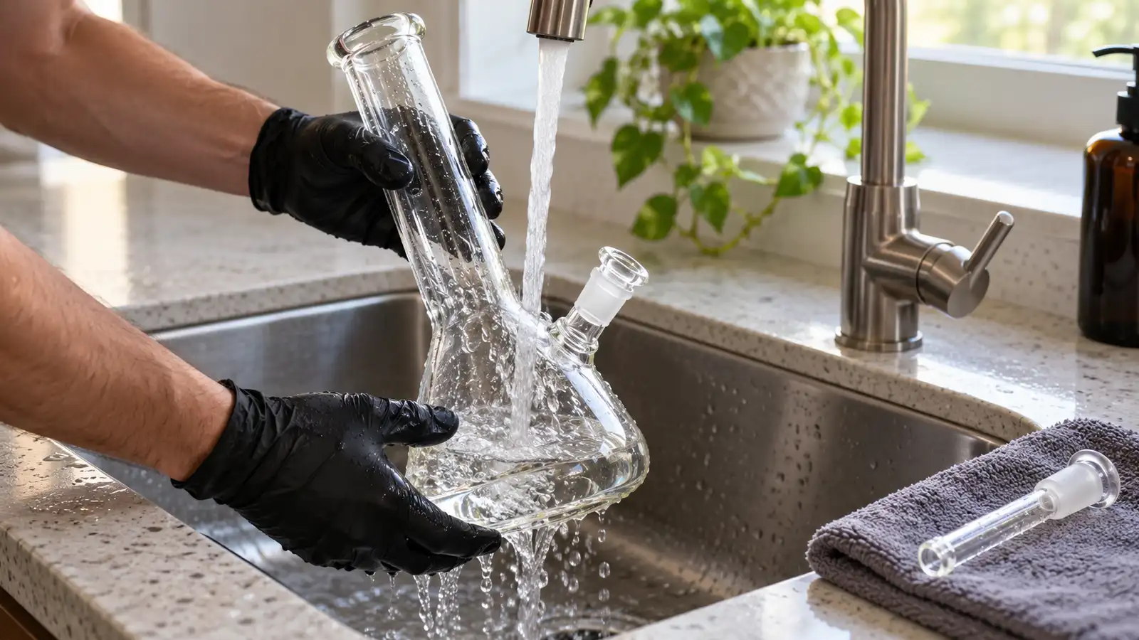 Gloved adult hands rinse a clear glass bong under running water in a stainless steel sink.