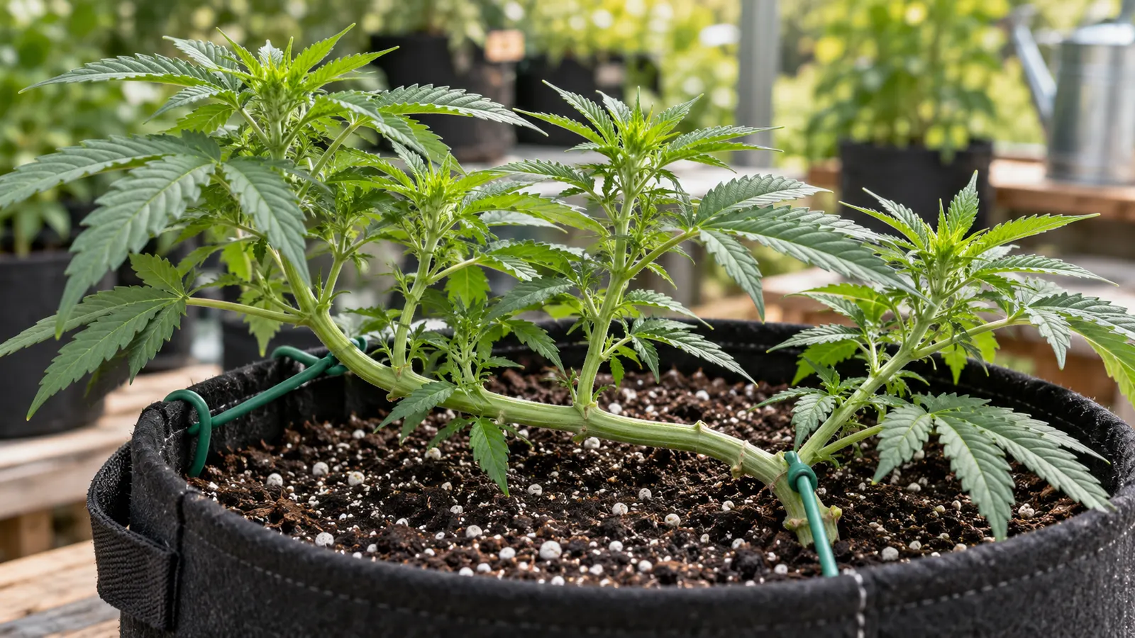 Suaves lazos de jardín inclinan con delicadeza un tallo de cannabis joven mientras sus brotes laterales apuntan hacia arriba.