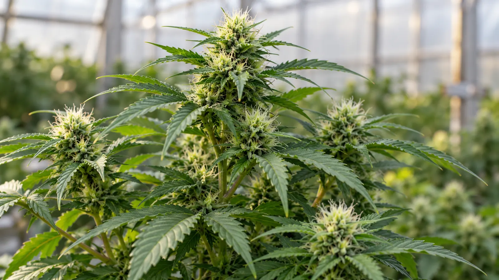 Pistilos pálidos emergen de racimos de flores entre las hojas verdes de una planta de cannabis compacta.